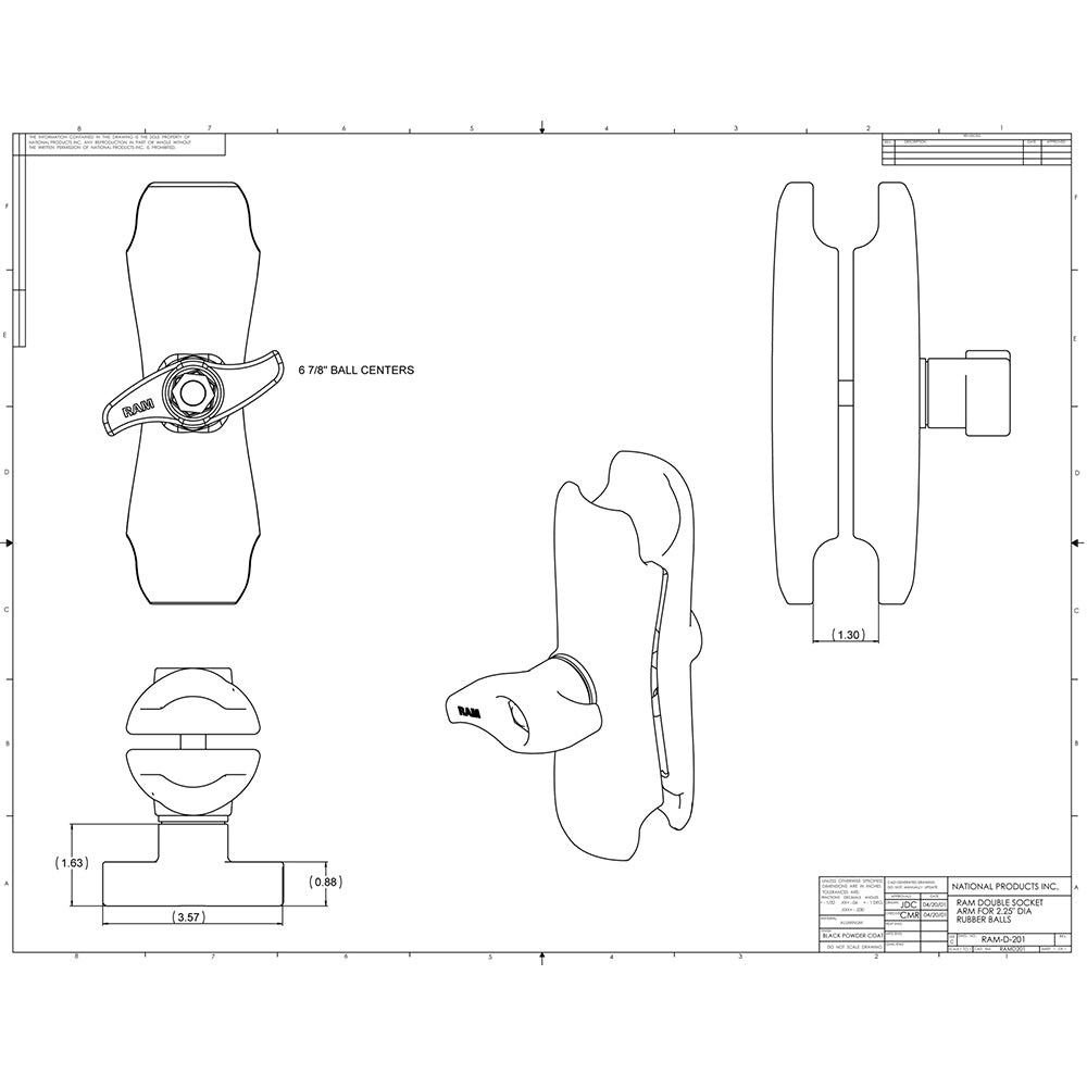 RAM Mount Double Socket Arm wJam Nut f225 Bases RAMD201UMI1