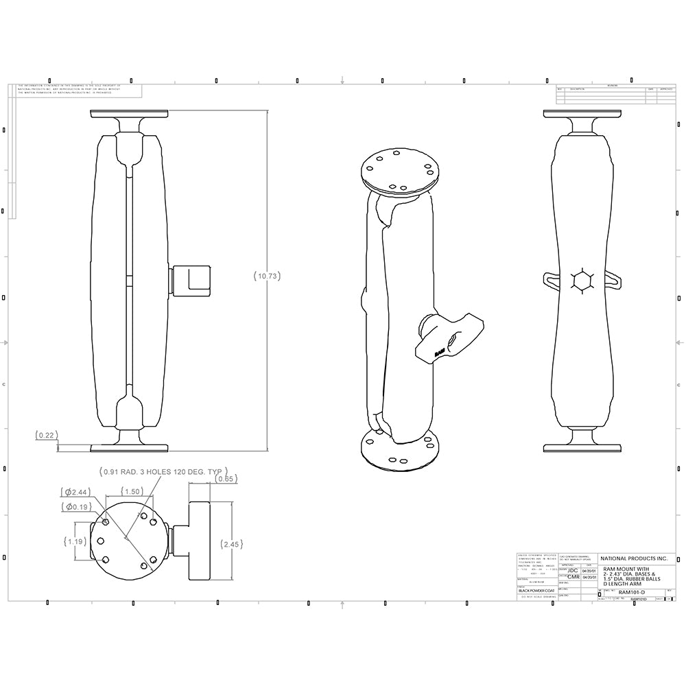 RAM Mount Ball Mount wLong Double Socket Arm  225 Round Bases wAMPs Pattern RAM101UD