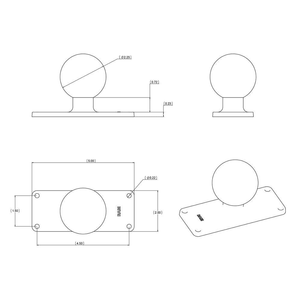 RAM Mount 2 x 5 Rectangle Base w225 Ball RAMD202U25