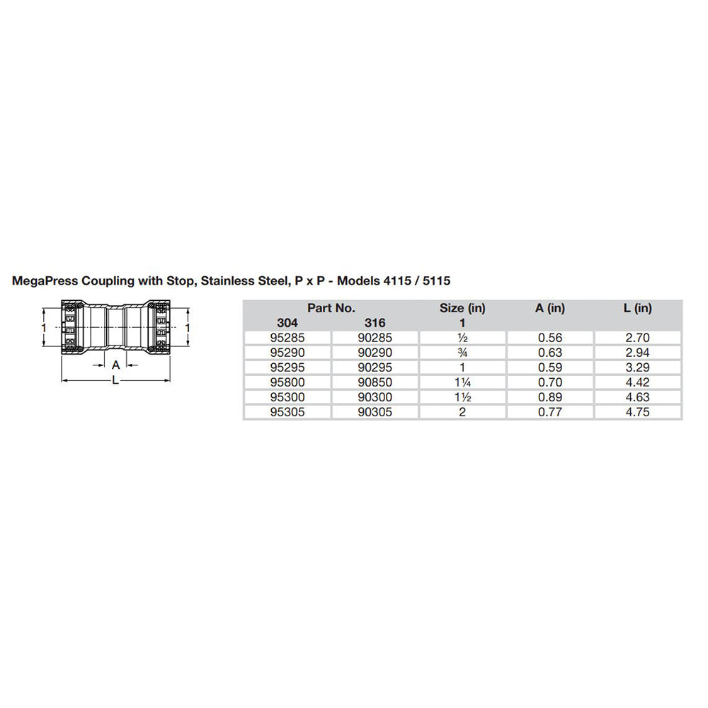 Viega MegaPress 12 Stainless Steel 304 Coupling wStop  Double Press Connection  Smart Connect Technology 95285